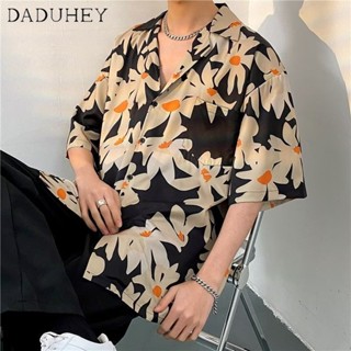 DaDuHey🔥 Male 2023 New Fashion Hip Hop Trendy Loose Top Korean Style Hawaiian Style Short Sleeve Shirt