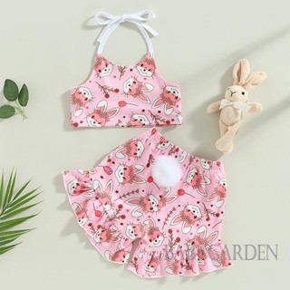 Babygarden-6m-4y ชุดเสื้อผ้าเด็ก เสื้อแขนกุด พิมพ์ลายกระต่าย และกางเกงขาสั้น ผ้ายืด แต่งระบาย สําหรับเด็กผู้หญิง