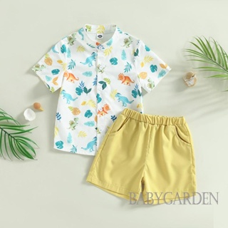 Babygarden- ชุดเสื้อผ้าเด็กผู้ชาย, เสื้อแขนสั้น คอปก กระดุมไดโนเสาร์ + กระเป๋าด้านข้าง กางเกงขาสั้น