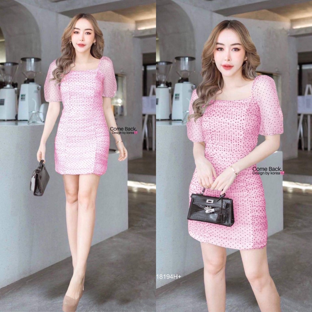 s4u-พร้อมส่ง-dress-เดรสแต่งมุ้งลายจุดแขนพอง-เสื้อผ้าแฟชั่นผู้หญิง-ชุดไปทะเล-ชุดเดรส-ชุดเซ็ท-ชุดทำงาน