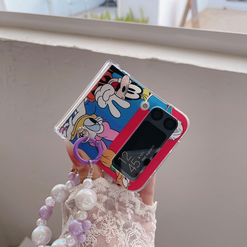 เคสโทรศัพท์มือถือ-pc-แข็ง-กันกระแทก-ลายการ์ตูนดิสนีย์-มิกกี้เมาส์-พร้อมสายโซ่ไข่มุก-สําหรับ-samsung-galaxy-z-flip-4-5g-3in1-z-flip-3