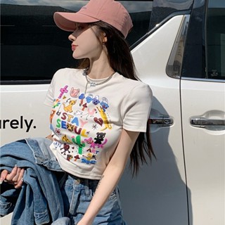 เสื้อยืดแขนสั้น พิมพ์ลายกราฟฟิติ แฟชั่นฤดูร้อน สําหรับผู้หญิง 2023