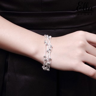 Ellastore123 สร้อยข้อมือโซ่โลหะ ชุบเงิน ประดับลูกปัดกลม หลายชั้น เครื่องประดับแฟชั่นสตรี ของขวัญคริสต์มาส