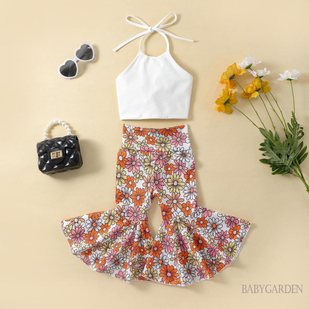babygarden-1-6-ปี-ชุดเสื้อผ้าเด็กผู้หญิง-เสื้อผูกปมหลังแขนกุด-กางเกงขาบาน-ลายดอกไม้