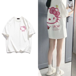 KT เสื้อยืดแขนสั้น ผ้าฝ้ายแท้ พิมพ์ลายการ์ตูนแมว Hello kitty ทรงหลวม แฟชั่นฤดูร้อน สําหรับผู้หญิง และนักเรียน
