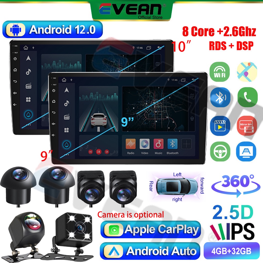 evean-8core-4-32gb-เครื่องเล่น-carplay-หน้าจอ-ips-9-นิ้ว-10-นิ้ว-android12-พร้อม-360-วิทยุมัลติมีเดีย-mp5-พาโนรามา-2din-wifi-waze-gps-2-6ghz-พร้อมกล้อง