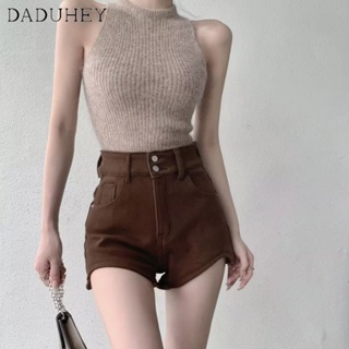DaDuHey🎈 2023 Women New Korean Version Ins Brown Denim Shorts High Waist A- Line Pants Thin Wide Leg Female Hot Pants