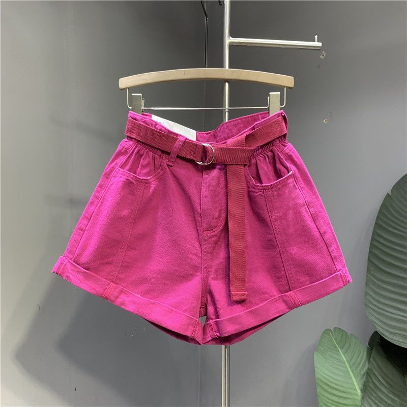 rose-red-shorts-กางเกงยีนส์ขาสั้น-2023-ฤดูร้อนใหม่แฟชั่นรีดขอบยางยืดเอวสูงกางเกงขากว้าง