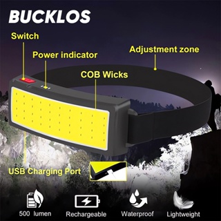 Bucklos ไฟฉายสวมศีรษะ LED ชาร์จ USB แฮนด์ฟรี ความทนทานยาว สําหรับตกปลา