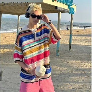 DaDuHey🔥 Mens and Womens Hong Kong Style Retro Loose Hollow-out Pullover Sweater with Short Sleeves Fashion All-Match Rainbow Striped Sweater