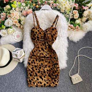 European and American ins nightclub small strapless suspender skirt new sexy short leopard print backless hip dress