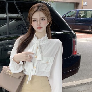 พร้อมส่ง✨เสื้อผูกโบว์สีขาวแฟชั่นเกาหลีมืออาชีพหลวมชีฟองสีทึบเสื้อแขนยาว