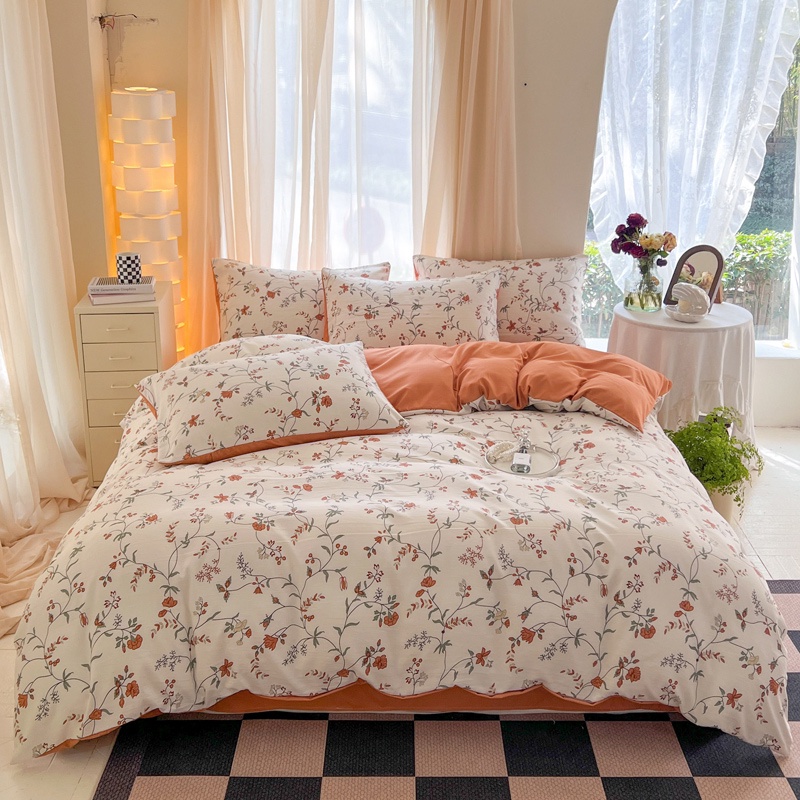 มาใหม่-4-in-1-ชุดเครื่องนอน-ผ้าปูที่นอน-ผ้าฝ้าย-ผ้าลินิน-พิมพ์ลายดอกไม้-สีส้ม-ปลอกหมอน-ผ้านวมย้อมสี-ปลอกหมอนเดี่ยว
