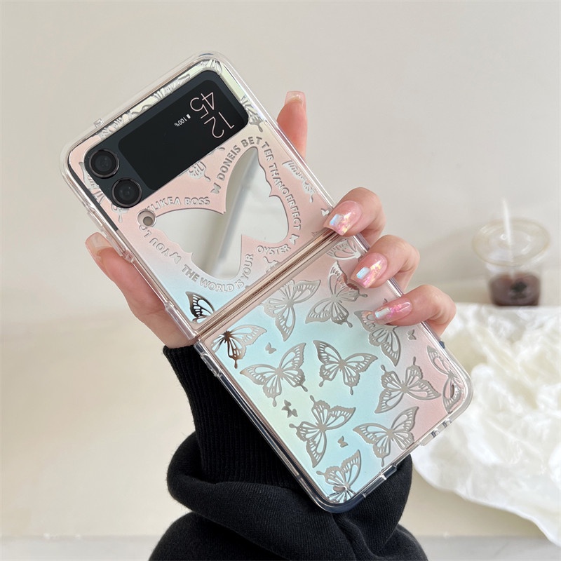 เคสโทรศัพท์มือถือแบบกระจกแข็ง-กันกระแทก-ลายการ์ตูนผีเสื้อน่ารัก-สําหรับ-samsung-galaxy-z-flip-4-5g-z-flip-3