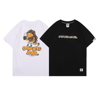 A BATHING APE เสื้อยืดแขนสั้นลําลอง พิมพ์ลายการ์ตูนแมว AAPE สีดํา สีขาว แบบเรียบง่าย สําหรับผู้ชาย และผู้หญิงS-5XL