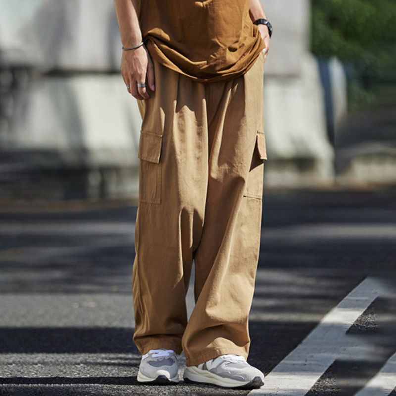 กางเกงขายาวสไตล์ญี่ปุ่นสำหรับผู้ชาย-กางเกงสแล็คหลายกระเป๋า-สไตล์ฮาราจูกุ-ins-กางเกงขากว้างทรงหลวม-กางเกงคนอ้วน