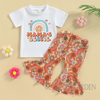 Babygarden-6m-4y ชุดเสื้อผ้าเด็กทารก เสื้อยืดคอกลม แขนสั้น พิมพ์ลายตัวอักษร สีรุ้ง และกางเกงขาบาน พิมพ์ลายดอกไม้