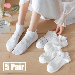 ถุงเท้าข้อสั้น ผ้าลูกไม้ สีขาว สีชมพู น่ารัก สําหรับผู้หญิง 5 คู่