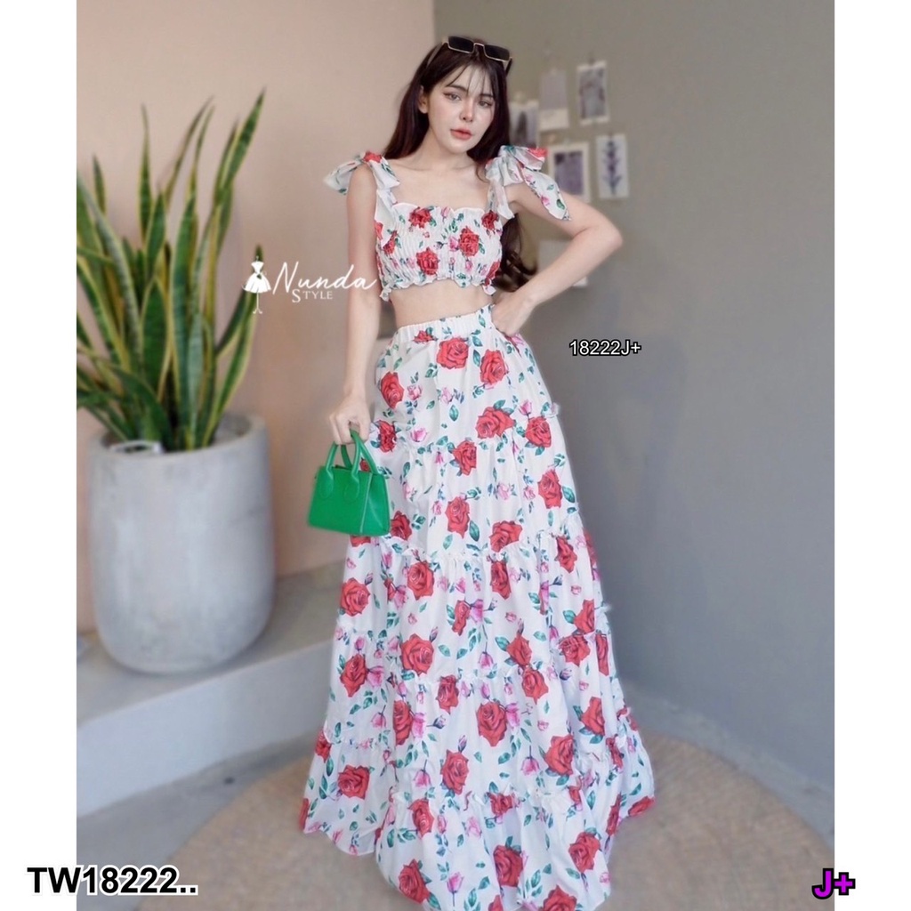 s4u-พร้อมส่ง-set-เสื้อผูกไหล่ลายดอกไม้-กระโปรงยาวลายดอกไม้-เสื้อผ้าแฟชั่นผู้หญิง-ชุดไปทะเล-ชุดเดรส-ชุดเซ็ท-ชุดทำงาน