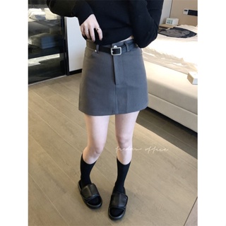 【send Belt】ฤดูใบไม้ผลิใหม่เอวสูงบางแพคเกจกระโปรงสะโพกกระโปรงทรงเอ gray skirt