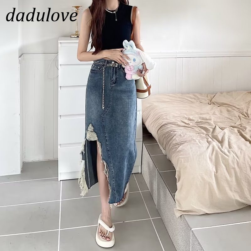 dadulove-2023-new-korean-version-retro-blue-denim-skirt-high-waist-slit-hole-skirt-womens-plus-size-long-skirt