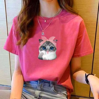 เสื้อยืดแขนสั้นลําลอง คอกลม ทรงหลวม พิมพ์ลายลูกแมวน่ารัก ขนาดใหญ่ แฟชั่นฤดูร้อน สไตล์เกาหลี สําหรับผู้หญิง