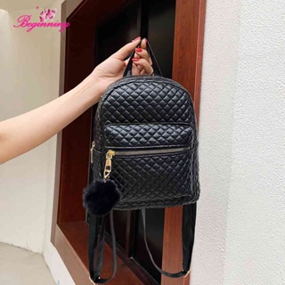 ✿ beginning ✿ Lattice Pattern PU Shoulder Backpacks Women Zipper Hairball Small Backpack Style ✿