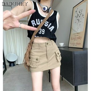 DaDuHey🎈 Khaki Workwear Denim Skirt Womens American Style Retro High Waist A- line Skirt Hot Girl Anti-Exposure Skirt