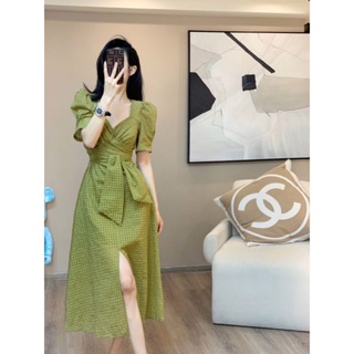 2022 summer new advanced sense design sense niche temperament square collar waist bubble sleeve dress women