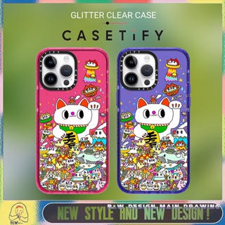 【Glitter CASETiFY】 Fashion Art Lucky Cat Phone Case Compatible for iPhone 14 13 12 11 Pro Max Case Transparent Shockproof Protective Hard Back Acrylic Cover