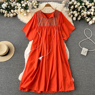 French retro ethnic embroidery super fairy temperament dress womens summer new literary loose big dress