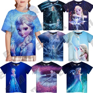 เสื้อยืด พิมพ์ลายเจ้าหญิงดิสนีย์ Frozen 3 มิติ สีฟ้า แฟชั่นฤดูร้อน สําหรับเด็กผู้หญิง