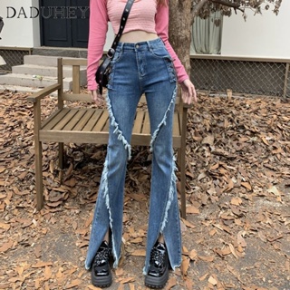 DaDuHey🎈 Womens New Korean Style Spring Irregular Slip Side Straps Jeans plus Size Fashion High Waist Fit Slimming Washed Casual Bootcut Pants