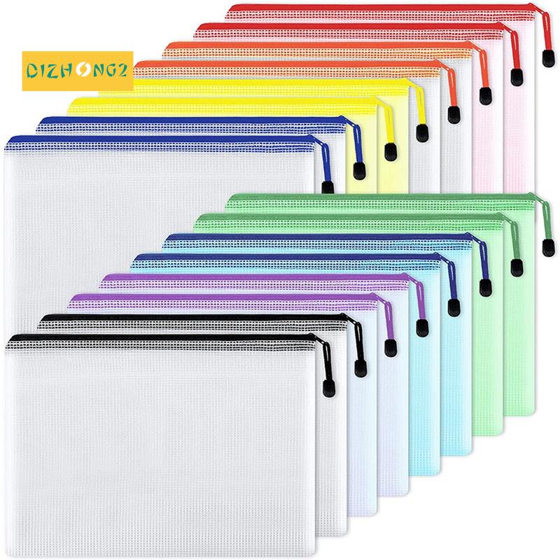 16pcs-mesh-zipper-pouch-document-bag-waterproof-zip-file-folders-a4-size-for-school-office-supplies-travel-storage-bags