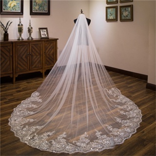 ผ้าคลุมไหล่แต่งงาน ประดับเลื่อม สีขาวงาช้าง พร้อมหวีชั้นเดียว ยาว 3 เมตร