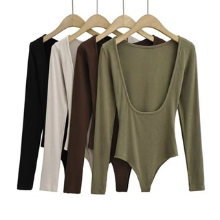 ใหม่ ชุดบอดี้สูท เสื้อยืด เปิดไหล่ข้างเดียว แขนยาว เปิดหลัง สีพื้น สายคล้องคอ เข้ารูป วันพีช สําหรับผู้หญิง