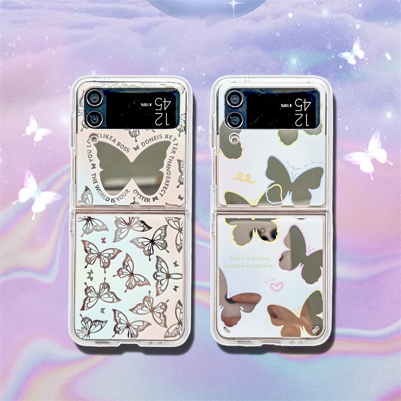 เคสโทรศัพท์มือถือแบบกระจกแข็ง-กันกระแทก-ลายการ์ตูนผีเสื้อน่ารัก-สําหรับ-samsung-galaxy-z-flip-4-5g-z-flip-3