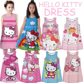 ชุดเดรสเสื้อยืด ลาย Hello Kitty แฟชั่นสําหรับเด็กผู้หญิง อายุ 3-13 ปี