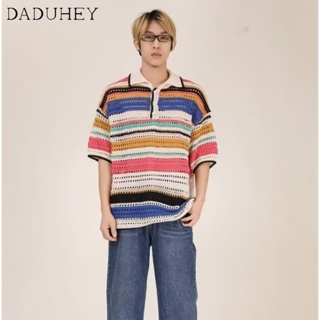 DaDuHey🔥 Mens and Womens Hong Kong Style Retro Loose Rainbow Striped Sweater Fashion Hollowed-out Short-Sleeved Pullover Sweater