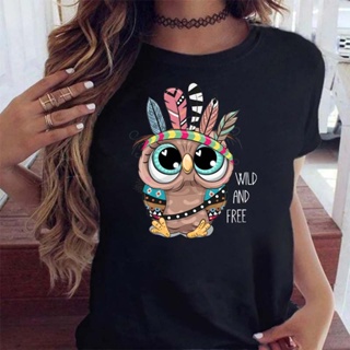 Maycaur Women Tops New Trend Cute Owl Print Ladies T-shirt Casual Basics O-neck Black Shirt Short Sleeve Lady Tshir_03