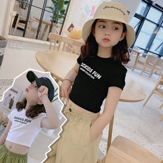 พร้อมส่ง ขายดี เสื้อยืดแขนสั้น เปิดสะดือ พิมพ์ลายตัวอักษร สไตล์เกาหลี ญี่ปุ่น แฟชั่นฤดูร้อน สําหรับเด็กผู้หญิง 2023