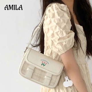 AMILA ฤดูร้อน สไตล์ใหม่ น่ารัก กระเป๋าเคมบริดจ์ สีขาวน้ำนม หนังพียู ดอกทิวลิป กระเป๋าสะพายข้าง