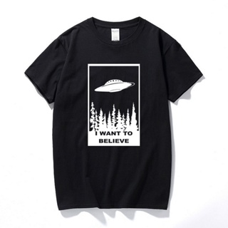 [S-5XL] เสื้อยืดครอปเสื้อยืดแขนสั้น ผ้าฝ้าย พิมพ์ลาย I Want to Believe sci fi ufo space x สําหรับผู้ชายS-5XL