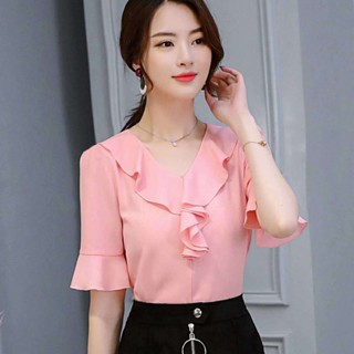 เสื้อเชิ้ตลําลอง ผ้าชีฟอง แขนเจดีย์ เข้ารูป สไตล์เกาหลี สําหรับสตรี