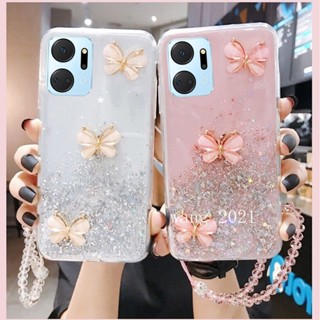 พร้อมส่ง ใหม่ เคสโทรศัพท์มือถือนิ่ม ปิดด้านหลัง ลายผีเสื้อสามมิติ แต่งกลิตเตอร์ พร้อมสายคล้อง สําหรับ Honor X7a X8a X9a X6 X8 5G 2023