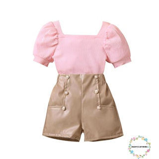 Babyclothes- ชุดเสื้อแขนสั้น ผ้าถัก สีชมพู และกางเกงขาสั้น แต่งกระดุม สีน้ําตาล แฟชั่นฤดูร้อน สําหรับเด็กผู้หญิง