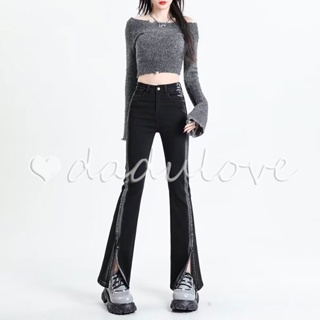 DaDulove💕 2023 New Korean Version of INS Black Slit Jeans Elastic Slim-fit Trousers High Waist Micro Flared Trousers