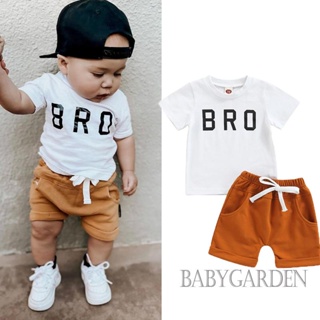 Babygarden-0-24months ชุดเสื้อผ้าเด็กผู้ชาย เสื้อแขนสั้น พิมพ์ลายตัวอักษร + กางเกงขาสั้น สีพื้น