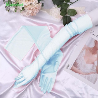Bluevelvet ถุงมือผู้หญิง ผ้าไหม แฟชั่น แบบเต็มนิ้ว โปร่ง ข้อศอก ห้านิ้ว ถุงมือ