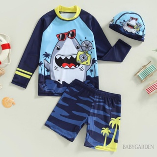 Babygarden-3-8 ปี ชุดว่ายน้ําเด็กผู้ชาย เสื้อแขนยาว ลายการ์ตูนฉลาม พร้อมกางเกงขาสั้น พิมพ์ลายต้นมะพร้าว และหมวกว่ายน้ํา